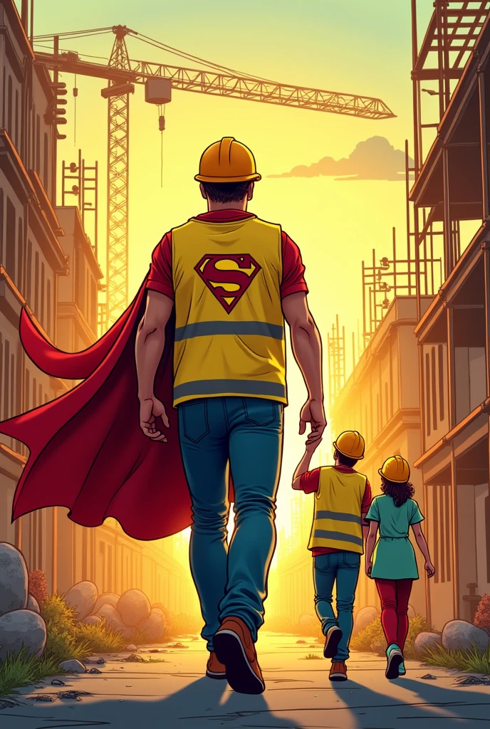 comic strip, in which a worker, representing a superhero of workplace safety, The flyer leaves the construction site heading home, where his family is waiting for him and he is protected at all times with a helmet and wearing a reflective vest with an S for super safe.