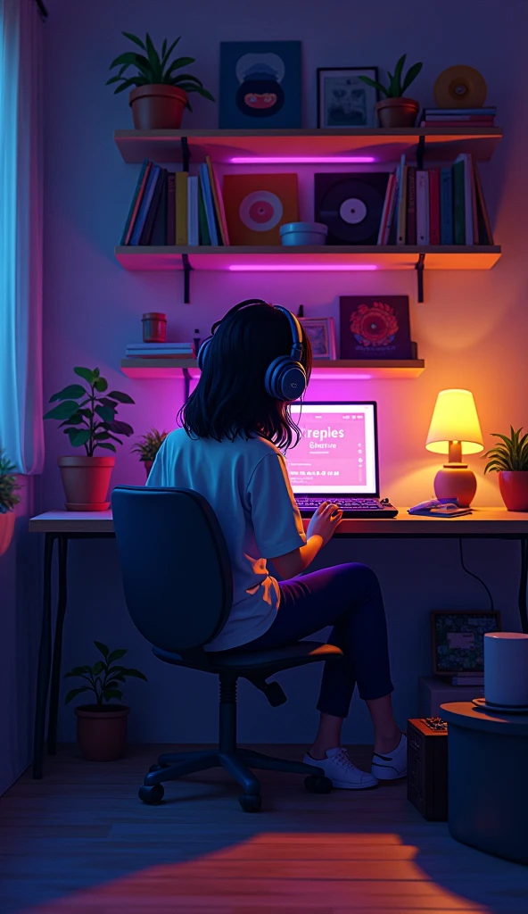 Perfect image, 8k, night、Listen to music in a cozy room, Using headphones, 2D-style animation, Lo-Fi, hard disk, Dark Environment .　lofi