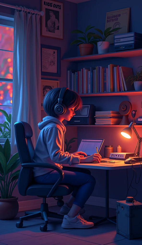 Perfect image, 8k, night、Listen to music in a cozy room, Using headphones, 2D-style animation, Lo-Fi, hard disk, Dark Environment . lofi