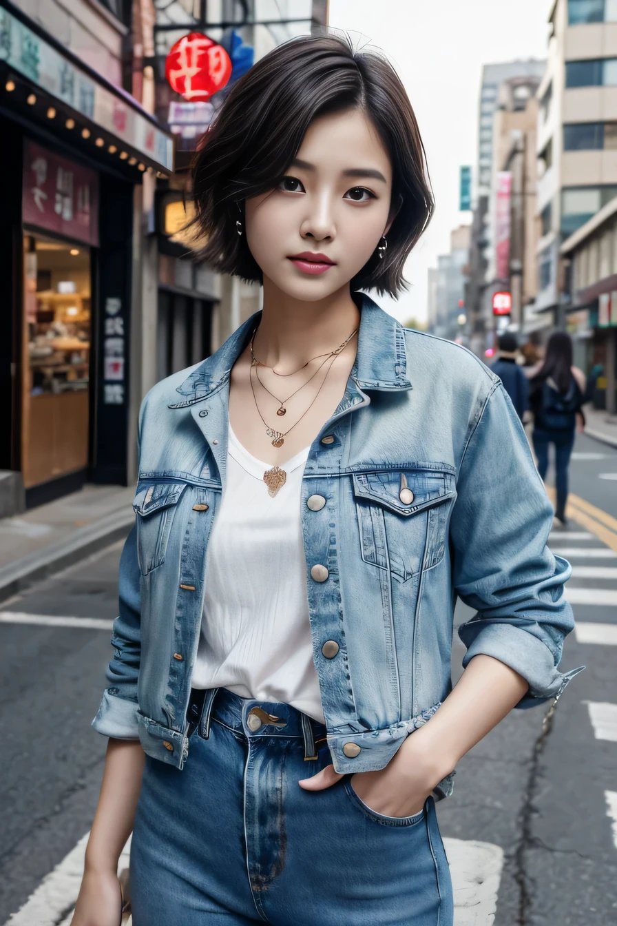 Super Resolution、Beautiful Korean Women、、short hair、、ear piercing、necklace、Denim jacket、shirt、Please open your mouth a little、The background is the street, Task progress 70%%
