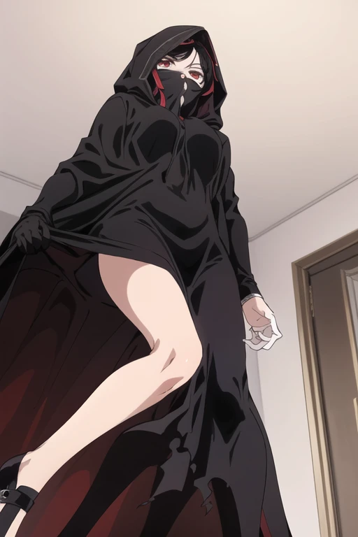 NNAssassinFSF, 1girl, solo, black hair, red eyes, long cape sleeves, sleeves covered hands, no hands, dress, long cape, cape, black cloak, hood up, black robe, covered mouth, hooded cloak, ((masterpiece, best quality)) rooms, bedroom, laying down, from below 