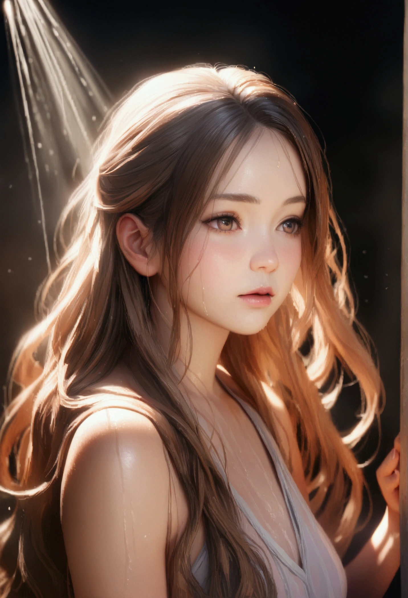 A beautiful young anime girl with detailed facial features, long eyelashes, and flowing hair taking a relaxing shower, photorealistic, 8k, highly detailed, masterpiece, cinematic lighting, soft colors, serene atmosphere