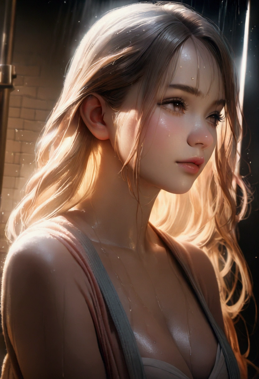 A beautiful young anime girl with detailed facial features, long eyelashes, and flowing hair taking a relaxing shower, photorealistic, 8k, highly detailed, masterpiece, cinematic lighting, soft colors, serene atmosphere