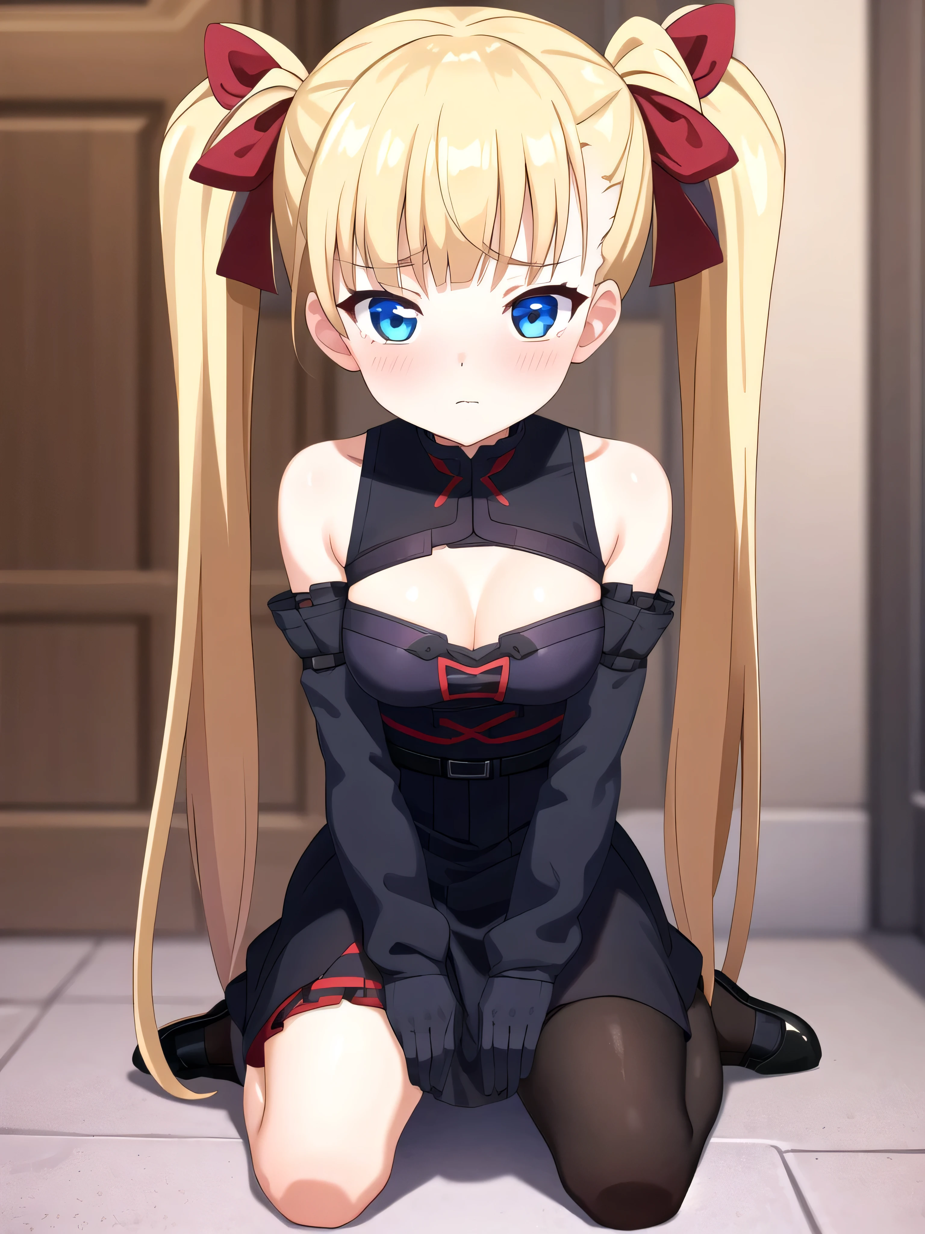 (masterpiece, Best Quality:1.2), absurdities, perfect anatomy, owtech, stylized, 1 girl, full body, looking at the viewer, blunt bangs, (black gothic dress, black lips, blush,), Focus only, Soft lighting, (blue eyes), blonde hair, very long hair, twintails, Airi Akizuki, medium breast,