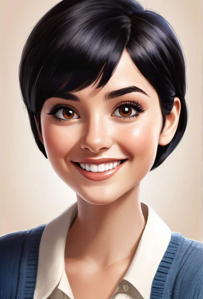 Woman, very short black hair, round brown eyes, humanized pixar style, smiling
