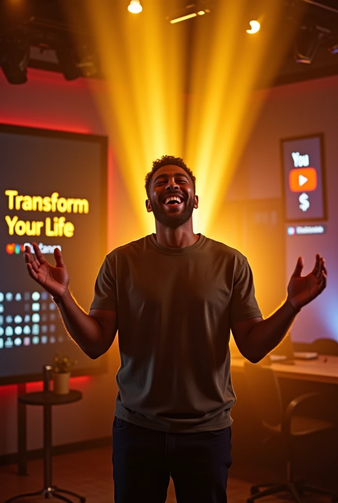 Prompts Copy prompts Create an image of a man shining a bright happy light around his body.
No fundo, a podcast-type studio, with the theme transform your life with a dark YouTube channel in Portuguese and place the symbols of money and YouTube in the image