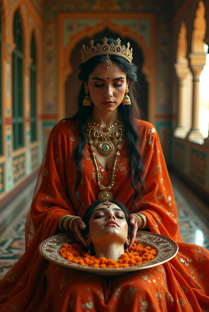the beautiful hindu Rajput princess severed head in a plate