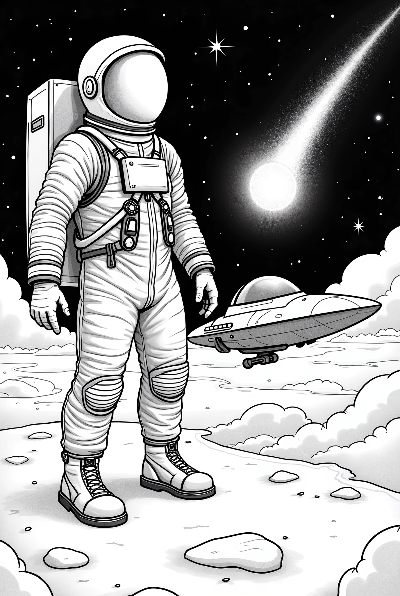 image for coloring with white background, an astronaut floating in space, behind a comet and a spaceship