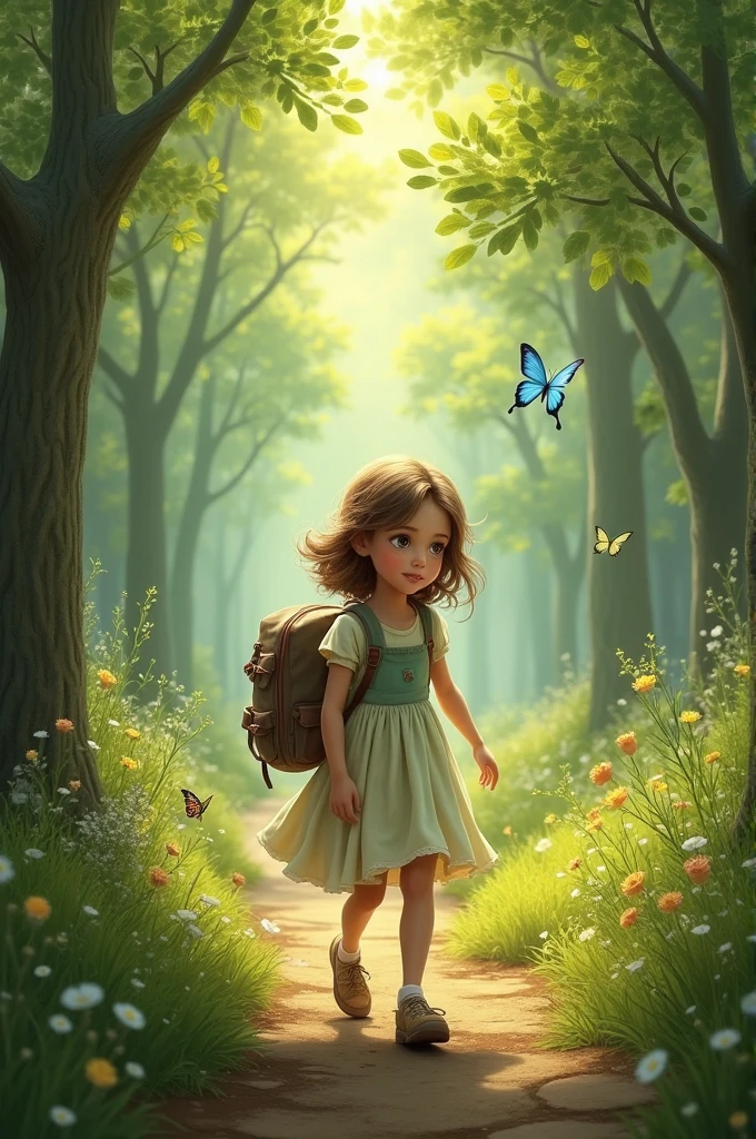A curious with bright eyes, wearing a dress and carrying a small backpack, exploring a forest