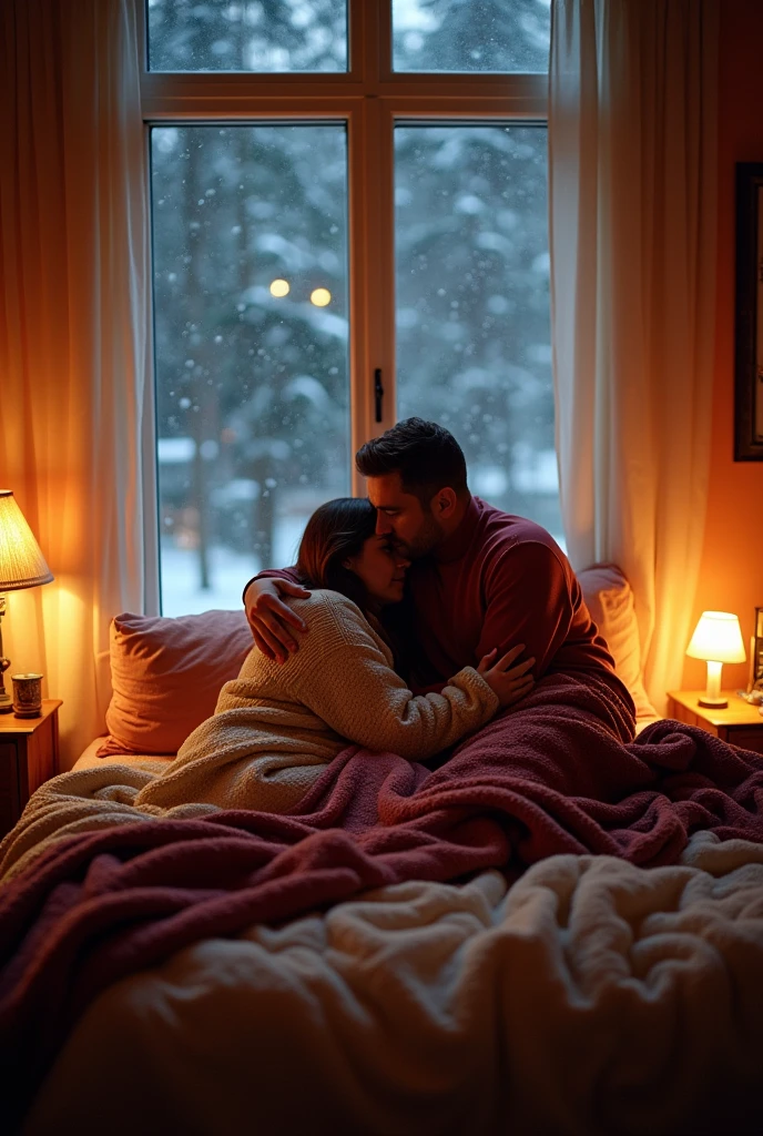 husband and wife; have sex; on cozy and warm bed; at night; snowfall; winter; big bed; nice bedroom