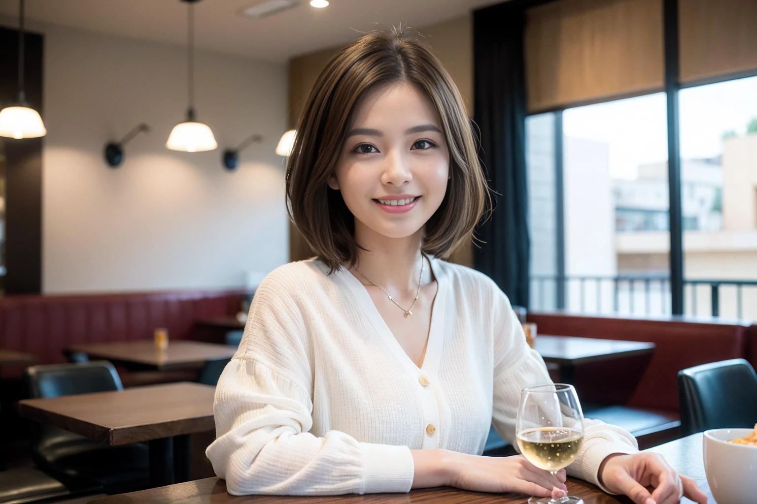 ((Highest quality、8k、masterpiece:1.3))、slimカップル、modelカップル、(Realistic, Intricate details:1.2), sashimi、Tempura、Japanese sake、Shochu 、Amazing view of the sunset sky and clouds、A bright smile、The wonderfulness of smile、Bright image、The beauty of wine, Beautiful Face, blue eyes, The light shines on your face, blush, short hair,Bright Face、 (Age 37), 39 years old, sparkling wine、Two beauties、Brown Hair、Shortcuts、Long sleeve shirt、dress、Beautiful woman 1, (slimな顔), (The body is slim), (Brown Hair), (Shortcuts), cheeks turn a little red,Attractive beauty、restaurant, In a prominent place (From the waist up) Nova Frog Style, actress, model, Upper Body, White wine, slim, smile, (smile: 1.15), Beautiful fine grain, Depth f/2,saturation, High Contrast, Strong light and shadow,Moist Body:1.5、3D texture、Delicate eyes、Brown Hair、The hair is very shiny、