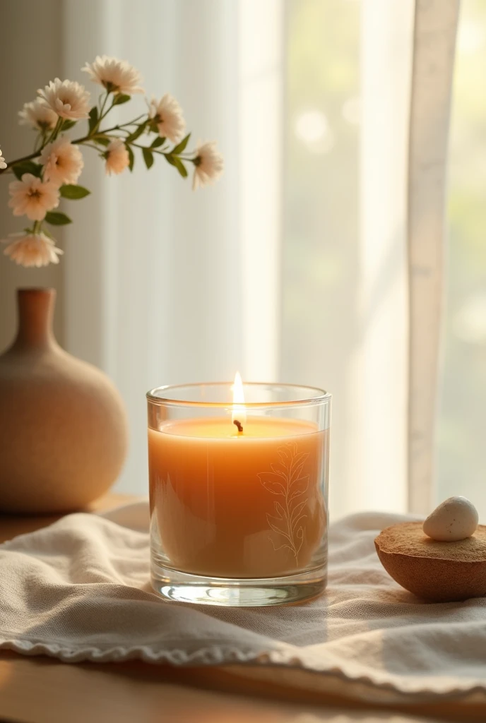 Good quality photo of vanilla scented candle in a glass jar with black lid on a rustic background
