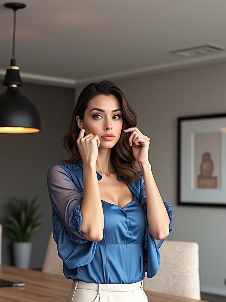 A confident woman, radiating charisma and authority, sits at the head of the table, surrounded by her colleagues. Equipped with her sleek laptop, she leads the meeting with unwavering determination, her gaze piercing through the room. The hyperrealistic rendition of her image captures every intricate detail of her stylish attire, from the neatly pressed blouse to the tailored pencil skirt. The ultra-detailed rendering of her facial features reveals her focused expression, as her lips form a firm line and her brows furrow in concentration. With an aspect ratio of 16:9 and a resolution of S2, this image epitomizes the allure of a powerful and accomplished