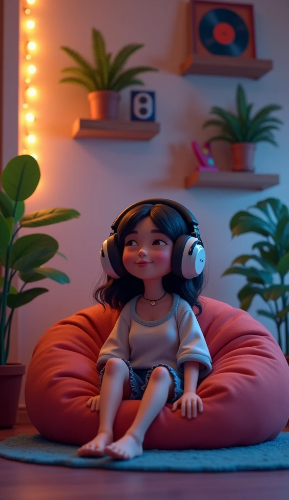 Perfect image, 8k, night、Listen to music in a cozy room, Using headphones, 2D-style animation, Lo-Fi, Hard Diss