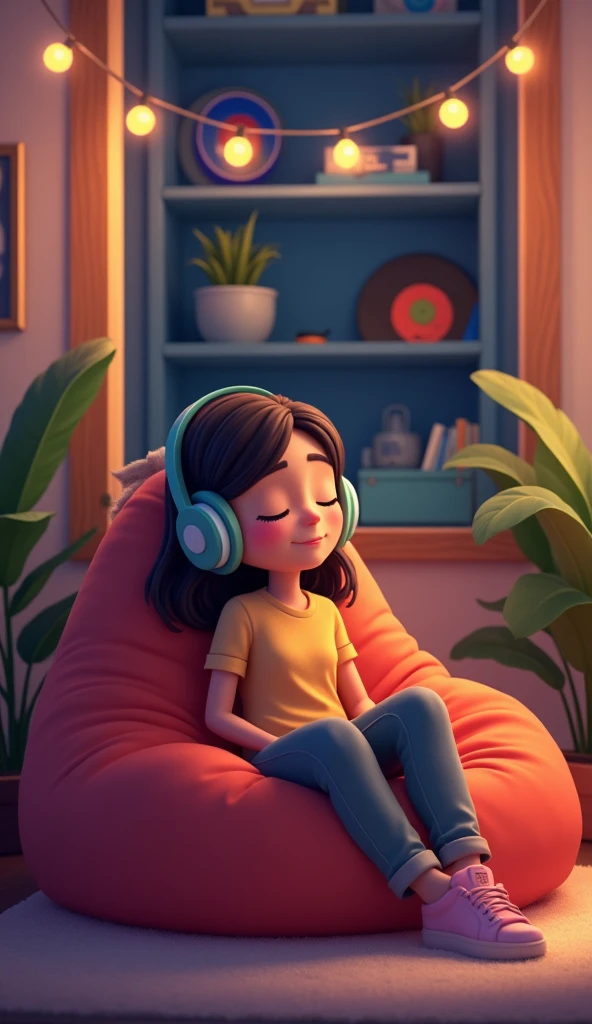 Perfect image, 8k, night、Listen to music in a cozy room, Using headphones, 2D-style animation, Lo-Fi, Hard Diss
