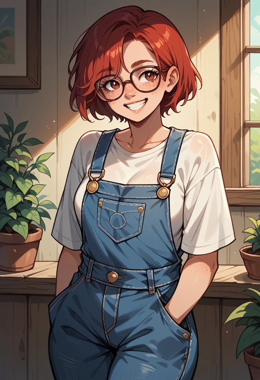 1 girl, short red hair, glasses, freckles, overalls,  smiling,  