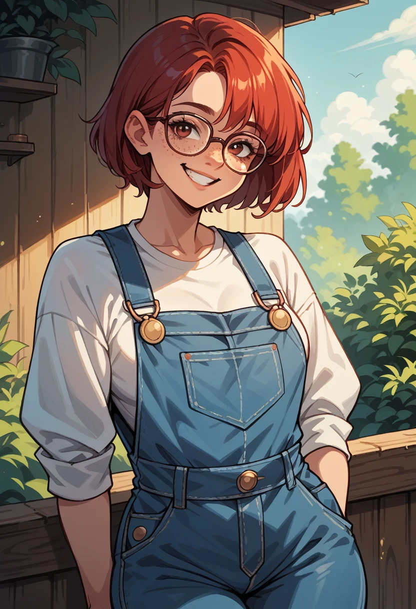 1 girl, short red hair, glasses, freckles, overalls,  smiling,  