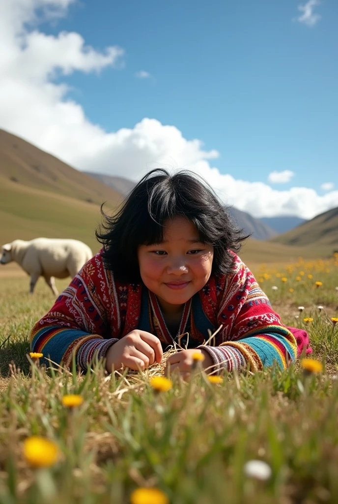 Chubby Mapuche woman with short black hair lying on the ground after fighting a white sheep 