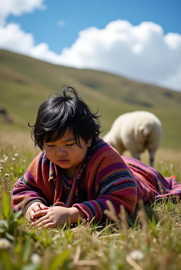 Chubby Mapuche woman with short black hair lying on the ground after fighting a white sheep