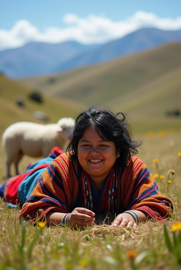 Chubby Mapuche woman with short black hair lying on the ground after fighting a white sheep