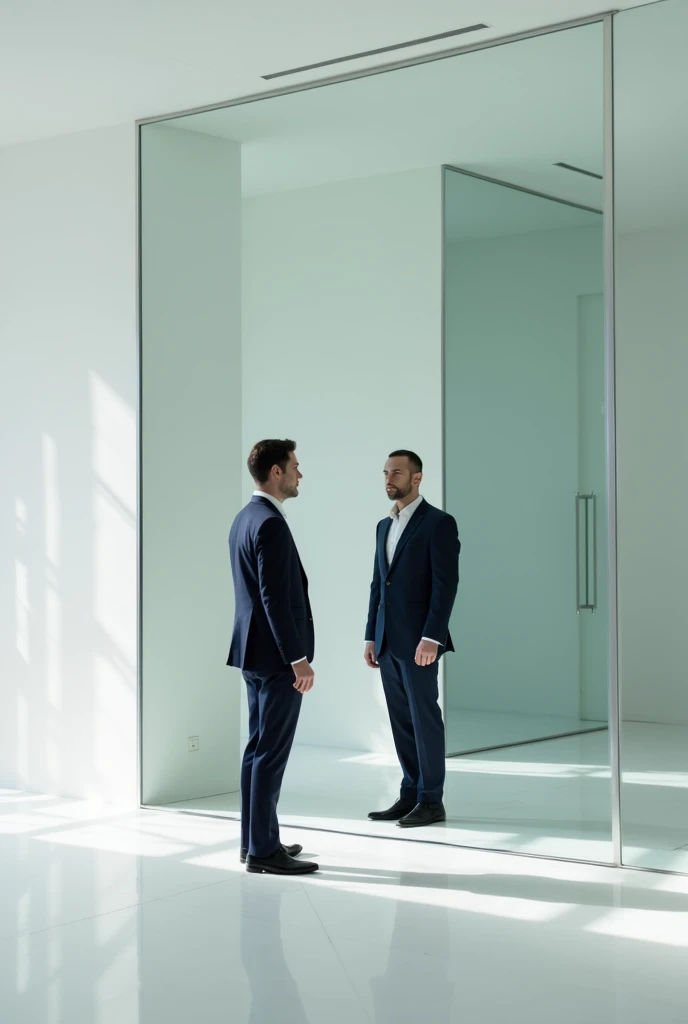 Man looking through huge mirror that goes from ceiling to floor with white tiles