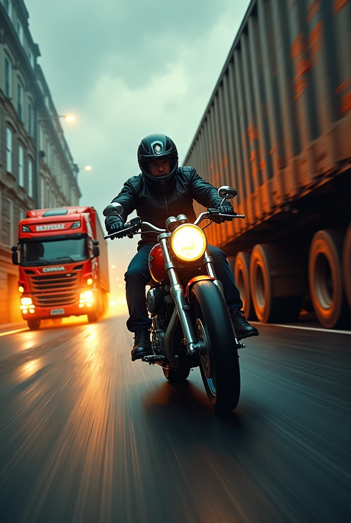 a rider between two truck lorry , extremely dangerous situation, high speed chase, adrenaline, motion blur, low angle, dramatic lighting, cinematic composition, gritty urban environment, moody atmosphere, vibrant colors, hyper-realistic, award winning photography, masterpiece, (best quality,4k,8k,highres,masterpiece:1.2),ultra-detailed,(realistic,photorealistic,photo-realistic:1.37)