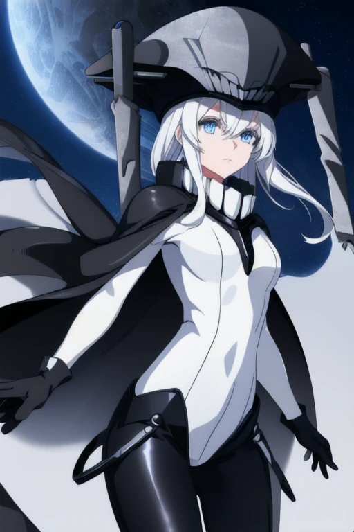 wo-class aircraft carrier, hat, gloves, hair, 1girl, white hair, solo, white skin, black gloves, bodysuit, blue eyes, black cape, leather pants, Masterpiece, Best Quality, night