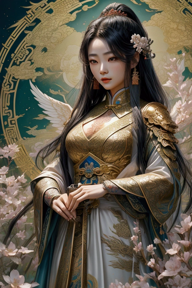 Hyperrealistic image of a majestic and beautiful Chinese warrior girl, adorned in highly intricate and detailed traditional armor, wielding a mystical sword that glows magically, with flowing black hair, intricate tattoos that glow faintly, and two elegant white wings sprouting from her back. She is in a serene garden with cherry blossoms, The dragon rests by the girl's arm, scales shining in the sunlight, and eyes full of wisdom and power. The garden is an oasis of tranquility, with meticulously pruned miniature bonsai trees, vibrant flowers, intricately detailed. The scene is depicted in a combination of traditional Chinese art style and modern fantasy illustration, with detailed lines, dynamic composition, vibrant colors, and ethereal lighting, inspired by the works of Fenghua Zhong and Xiaodi Jin