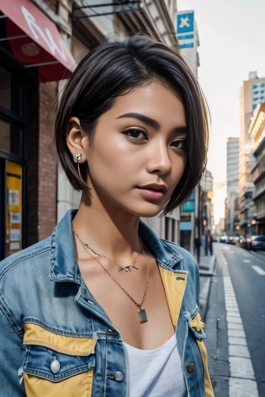 Super Resolution、beautiful Brazilian woman、、short hair、、ear piercing、necklace、Denim jacket、shirt、Please open your mouth a little、The background is the street, Task progress 70%%
