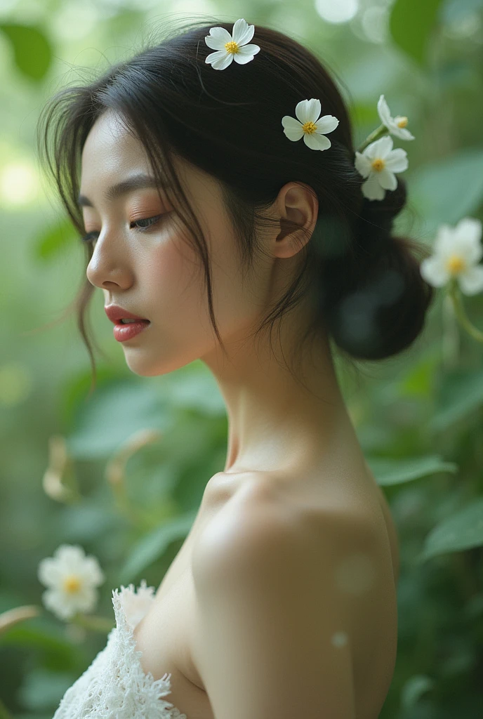 editorial photography,super detailed background,Super realistic,double exposure,depth of field,beauty super skinny vides,soft focus exotic tone,narrative scene,narrow eyes,a female with white single flowers,bare shoulders,looking down,hip shot,