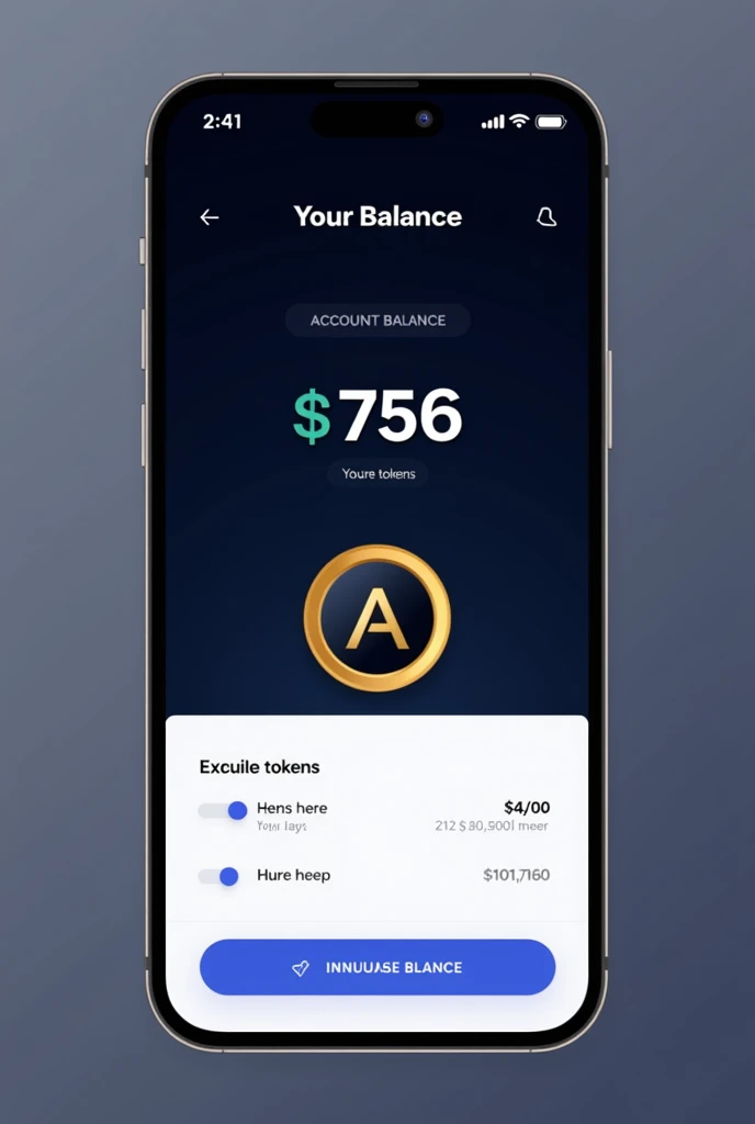 A mobile transaction app screen showing the accumulated tokens in his account. ((Dark blue and white color)) ((Tokens icon color = dark golden)) ((Account balance of tokens)) (((Mobile app screen))) ((an app screen)) ((no currency)) ((Only Token Amount)) Must Include:- ((( Reasonable amount of token from 100-1000 ))), and (((the logo of token must contain letter "A" ))) heading of screen:- (( Your Balance )) {{ Do Not Add Anything Else's I said }} remove another options added in downside and remove the circle around the token icon
