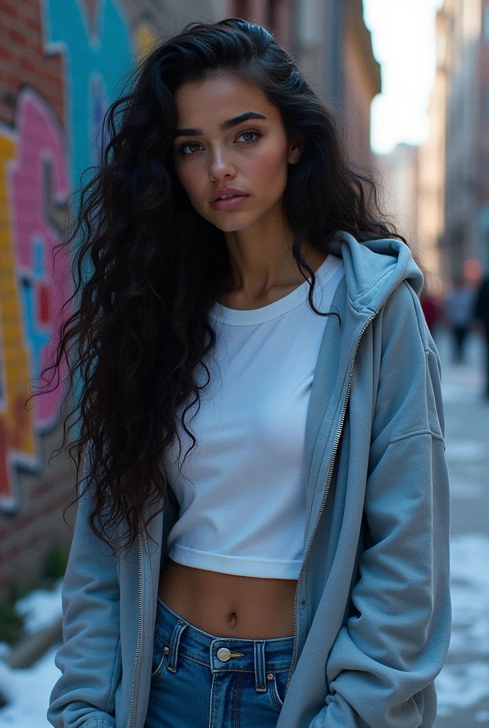 A modern superhero looks like Lyanna Stark. She has very long curly dark hair and light silver eyes. She has pale white skin. She's in her undercover personality. She's wearing jeans, t-shirt and hoodie. She looks young and pretty. She has ice power in hand. She's looking shy. She has girly type of beauty with cute face.
