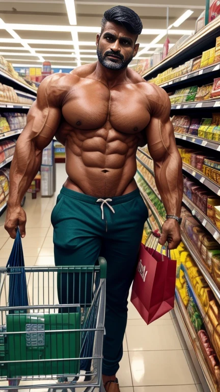 Handsome masuculine bodybuilder 40 years old INDIAN GURJAR doing shopping in supermarket