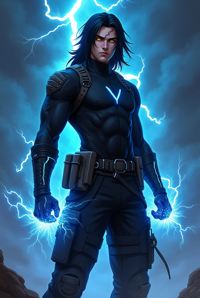 Here’s a detailed prompt to generate an image of Damian Santana:
**Prompt:**
"Create a highly detailed, full-body character illustration of Damian Santana, a 17-year-old ninja from the Tenrai no Kaminari Clan. Damian stands tall at 6'3" (1.9 m) with an imposing, muscular build, weighing 176 lbs (80 kg). He has long, straight black hair framing his sharp, striking features, with a prominent scar across his nose. His piercing yellow eyes glow with an intense, electrifying energy. His skin is pale, reflecting his European heritage despite his deep connection with the Japanese clan.
He is dressed in a stylized ninja outfit, consisting of a dark, form-fitting top reinforced for combat and a pair of functional cargo pants, giving him both protection and agility. His attire is accented with electric blue highlights that shimmer like lightning, symbolizing his mastery of electricity. Around his waist, a belt with various pouches holds ninja tools and scrolls.
Damian’s stance is confident and powerful, exuding an aura of quiet arrogance. His right hand crackles with blue lightning, forming a visible aura of electricity, while his left hand is raised as if preparing to unleash a devastating attack. The background is dark and stormy, with lightning illuminating the sky, hinting at his control over the elements. Small arcs of electricity dance around him, signifying his immense power and his connection to the Kaminari no Ryū, the Eternal Thunder Dragon.
This image should capture the essence of Damian’s complex character: his strength, intelligence, and the underlying loneliness of his past. The atmosphere should be mysterious and intense, with the stormy environment reflecting the tumultuous inner world of this powerful young ninja."
**Image Size:** 1024x1792 (for a full-body portrait).