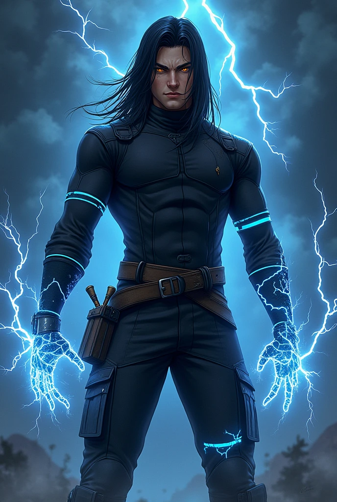 Here’s a detailed prompt to generate an image of Damian Santana:
**Prompt:**
"Create a highly detailed, full-body character illustration of Damian Santana, a 17-year-old ninja from the Tenrai no Kaminari Clan. Damian stands tall at 6'3" (1.9 m) with an imposing, muscular build, weighing 176 lbs (80 kg). He has long, straight black hair framing his sharp, striking features, with a prominent scar across his nose. His piercing yellow eyes glow with an intense, electrifying energy. His skin is pale, reflecting his European heritage despite his deep connection with the Japanese clan.
He is dressed in a stylized ninja outfit, consisting of a dark, form-fitting top reinforced for combat and a pair of functional cargo pants, giving him both protection and agility. His attire is accented with electric blue highlights that shimmer like lightning, symbolizing his mastery of electricity. Around his waist, a belt with various pouches holds ninja tools and scrolls.
Damian’s stance is confident and powerful, exuding an aura of quiet arrogance. His right hand crackles with blue lightning, forming a visible aura of electricity, while his left hand is raised as if preparing to unleash a devastating attack. The background is dark and stormy, with lightning illuminating the sky, hinting at his control over the elements. Small arcs of electricity dance around him, signifying his immense power and his connection to the Kaminari no Ryū, the Eternal Thunder Dragon.
This image should capture the essence of Damian’s complex character: his strength, intelligence, and the underlying loneliness of his past. The atmosphere should be mysterious and intense, with the stormy environment reflecting the tumultuous inner world of this powerful young ninja."
**Image Size:** 1024x1792 (for a full-body portrait).