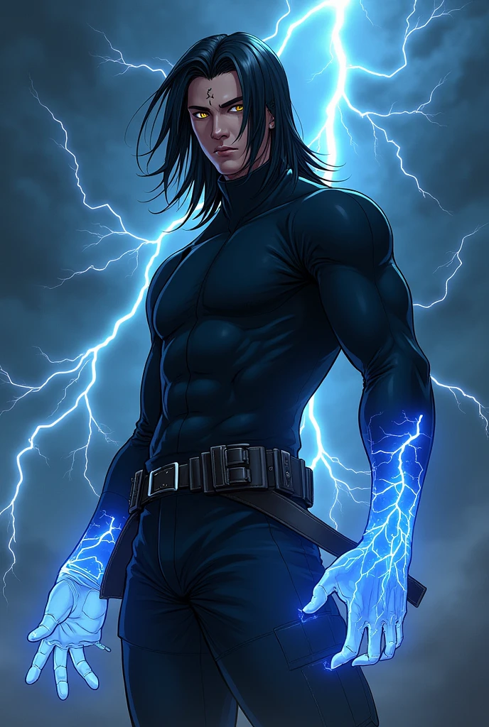 Here’s a detailed prompt to generate an image of Damian Santana:

**Prompt:**

"Create a highly detailed, full-body character illustration of Damian Santana, a 17-year-old ninja from the Tenrai no Kaminari Clan. Damian stands tall at 6'3" (1.9 m) with an imposing, muscular build, weighing 176 lbs (80 kg). He has long, straight black hair framing his sharp, striking features, with a prominent scar across his nose. His piercing yellow eyes glow with an intense, electrifying energy. His skin is pale, reflecting his European heritage despite his deep connection with the Japanese clan.

He is dressed in a stylized ninja outfit, consisting of a dark, form-fitting top reinforced for combat and a pair of functional cargo pants, giving him both protection and agility. His attire is accented with electric blue highlights that shimmer like lightning, symbolizing his mastery of electricity. Around his waist, a belt with various pouches holds ninja tools and scrolls.

Damian’s stance is confident and powerful, exuding an aura of quiet arrogance. His right hand crackles with blue lightning, forming a visible aura of electricity, while his left hand is raised as if preparing to unleash a devastating attack. The background is dark and stormy, with lightning illuminating the sky, hinting at his control over the elements. Small arcs of electricity dance around him, signifying his immense power and his connection to the Kaminari no Ryū, the Eternal Thunder Dragon.

This image should capture the essence of Damian’s complex character: his strength, intelligence, and the underlying loneliness of his past. The atmosphere should be mysterious and intense, with the stormy environment reflecting the tumultuous inner world of this powerful young ninja."

**Image Size:** 1024x1792 (for a full-body portrait).