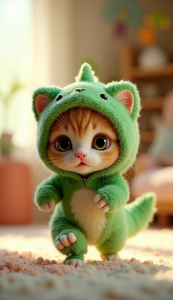 3D cute kitten character、Wearing a happy Godzilla mascot costume、running、Inside the house、masterpiece, Background Blur,