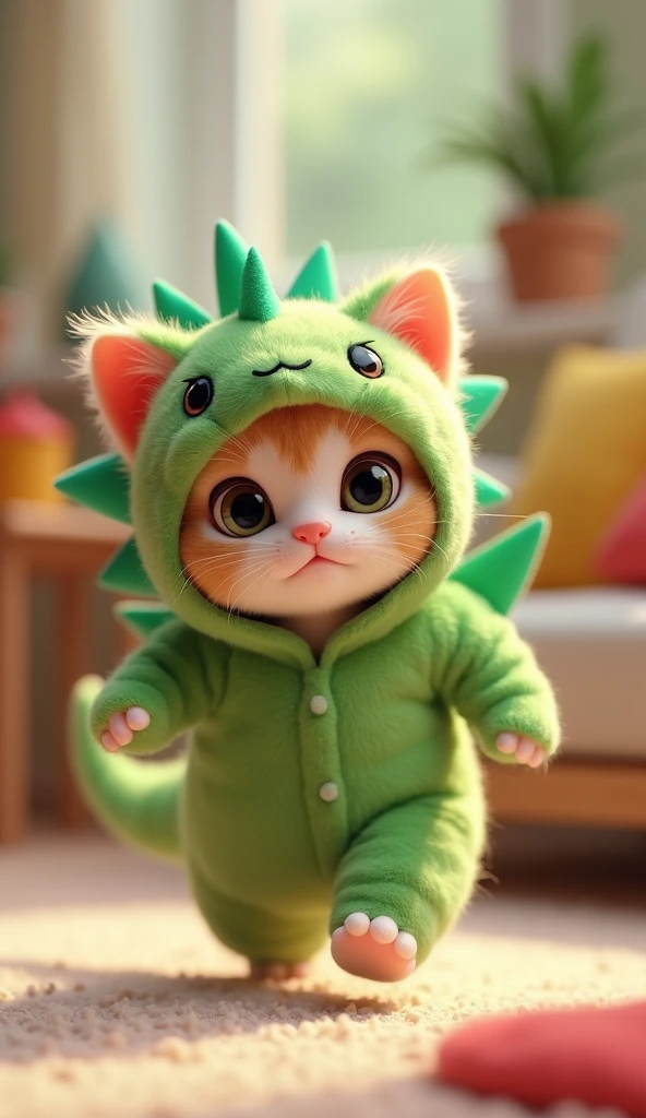 3D cute kitten character、Wearing a happy Godzilla mascot costume、running、Inside the house、masterpiece, Background Blur,