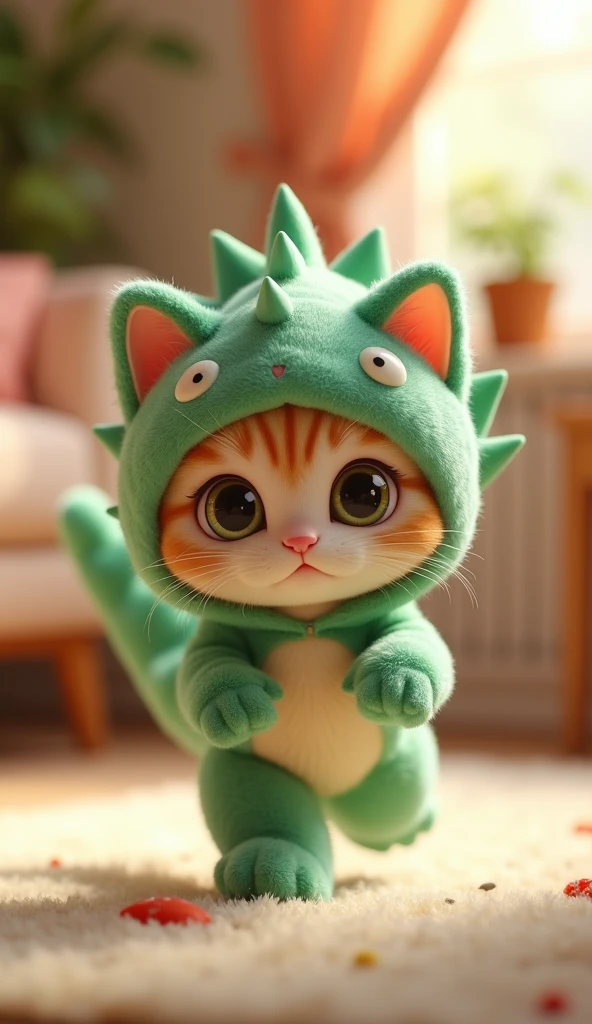 3D cute kitten character、Wearing a happy Godzilla mascot costume、running、Inside the house、masterpiece, Background Blur,