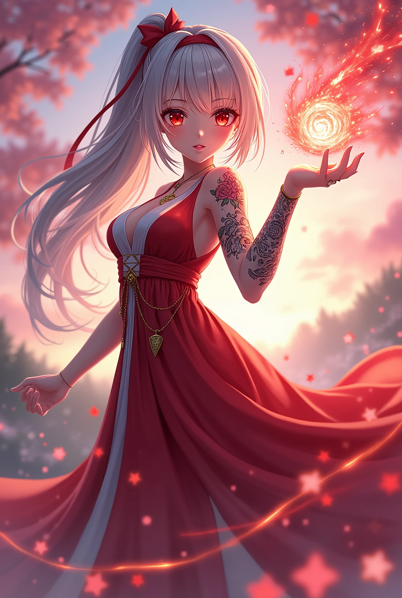 A anime girl with red and white dress And her eye is red . Red magical power in her hand And her hair is white and black Beautiful tattoo in her and and a magical triangle ring in her wrist .