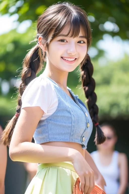 (((Highest quality))) ((masterpiece)) ((Real beautiful girl)) -yeld beiful girl (Cute face) clear ((Baby Facemini skirt one piece No sleeve Summer festival fair smile Twin tails Creating Bangs