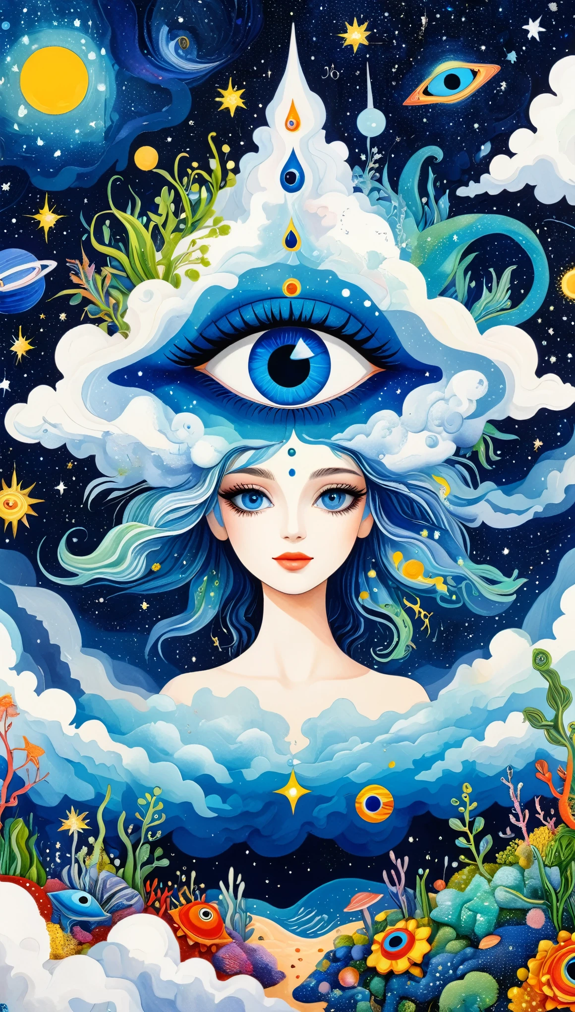 Picasso art style：Psychedelic Art。plant、Marine Life、(((Charming eyes，The Third Eye)))、cloud、Starry Sky，Galaxy、Planet、Stitching together an abstract painting，Describing the inner world of autistic people，Sense of space，Blank，White space，Pointillism method，Childish lines，Klein Blue