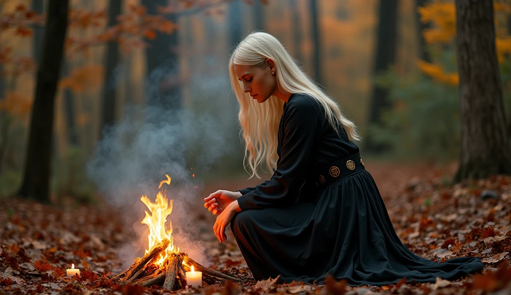 Autumn. forest. Beautifull blonde satanist girl making fire 