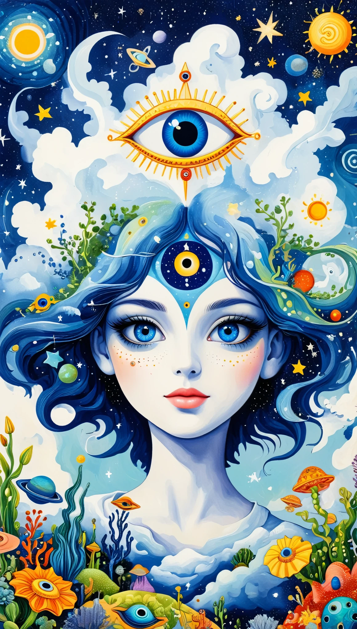 Picasso art style：Psychedelic Art。plant、Marine Life、(((Charming eyes，The Third Eye)))、cloud、Starry Sky，Galaxy、Planet、Stitching together an abstract painting，Describing the inner world of autistic people，Sense of space，Blank，White space，Pointillism method，Childish lines，Klein Blue