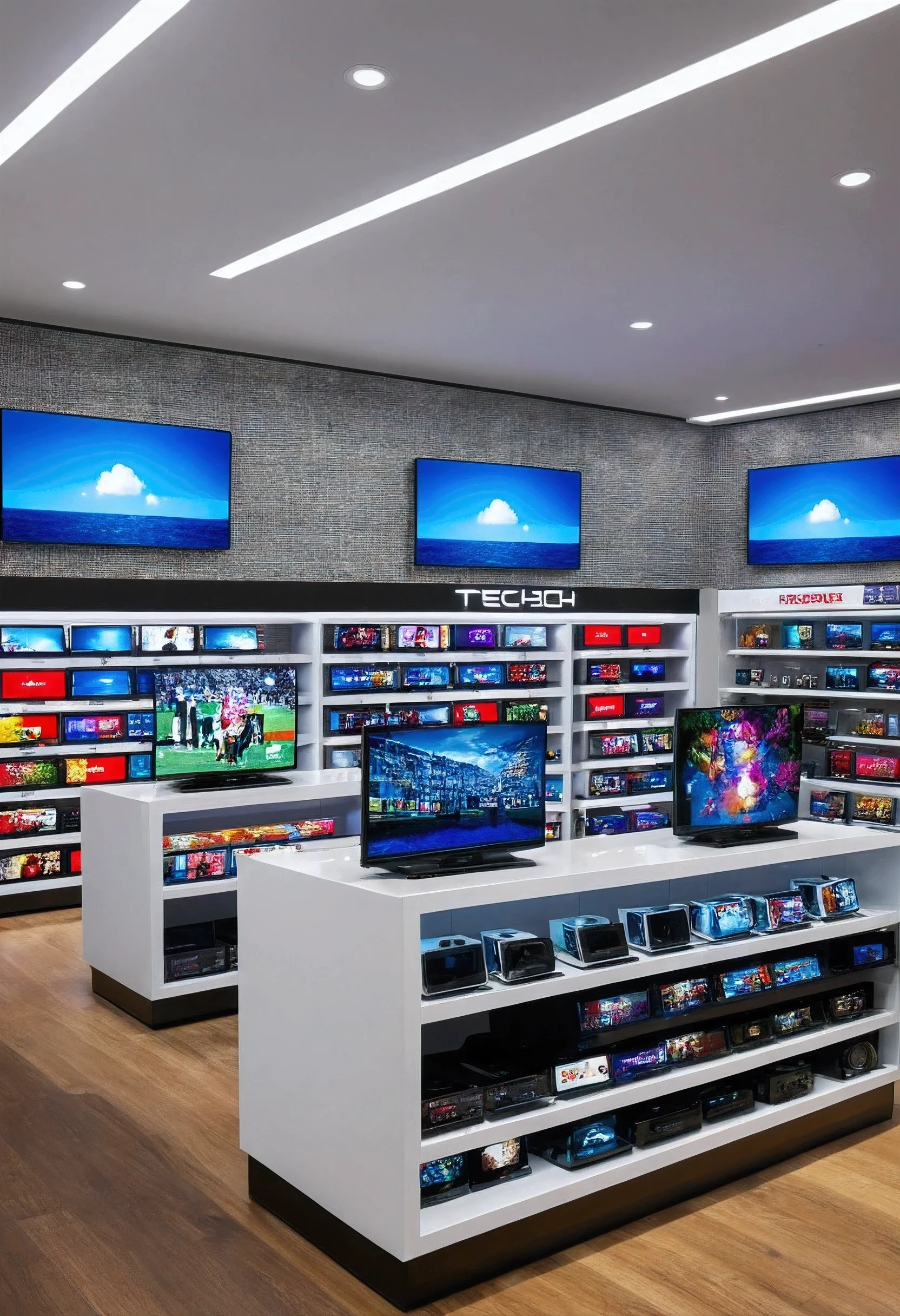 Generate an image of the television section inside a tech store. The perspective is from the aisle, looking at a display of flat-screen TVs of various sizes, arranged in neat rows on shelves and mounted on the walls. The screens display different images, showcasing the vibrant colors and high resolution of the displays. The store is well-lit with a modern and clean design. The floor is sleek and reflective, and the shelves are organized with other tech gadgets nearby. The overall atmosphere should be that of a high-end, contemporary tech store, with a focus on the variety of televisions available.