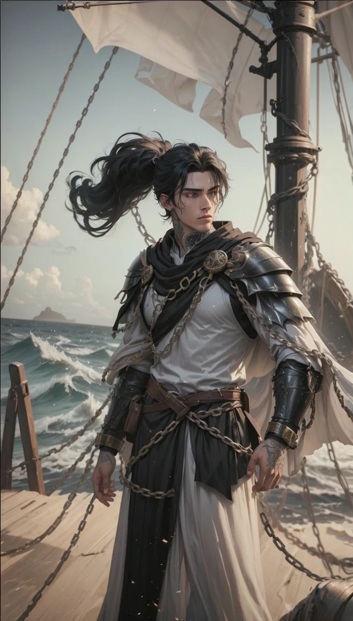 20 year-old cleric, (((tempest cleric))), (((human male))), (((pretty human))), ((black hair)), tattoos all over his bodies, handsome male, handsome, chainmail armor under black robe, standing on ship, sea in the background () (FULL BODY)