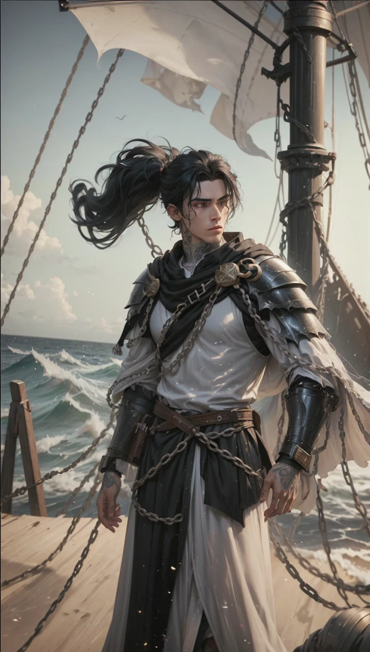 20 year-old cleric, (((tempest cleric))), (((human male))), (((pretty human))), ((black hair)), tattoos all over his bodies, handsome male, handsome, chainmail armor under black robe, standing on ship, sea in the background () (FULL BODY)