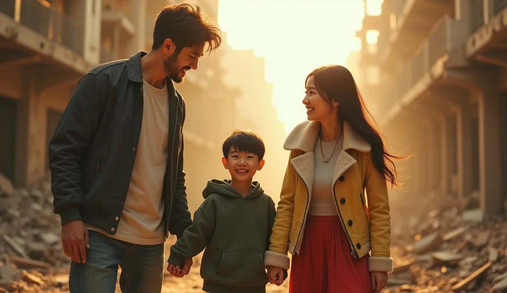 First person view, cinematic, open space in ruin city, photo of A heartwarming scene featuring a joyful korean family of four bathed in soft, warm sunlight. The father, with short, slightly messy black hair and a light beard, wears a dark jacket over a white shirt. He is on the left side, laughing with his eyes closed, leaning towards his family. The mother, standing next to him, has long black hair flowing over her shoulder. She wears a light yellow jacket with a white fur collar over a red skirt. She is also laughing with her eyes closed, radiating happiness. In the center, a young boy with short black hair, wearing a dark green hoodie, smiles widely, holding hands with the person in the foreground. The person in the foreground, whose back is towards the viewer, is a three year old boy who has short black hair and is reaching out to his family in front of him. All of their clothes are dirty. The warm, soft light from the sun casts a gentle glow over the entire scene, enhancing the feelings of love and togetherness shared by the family.