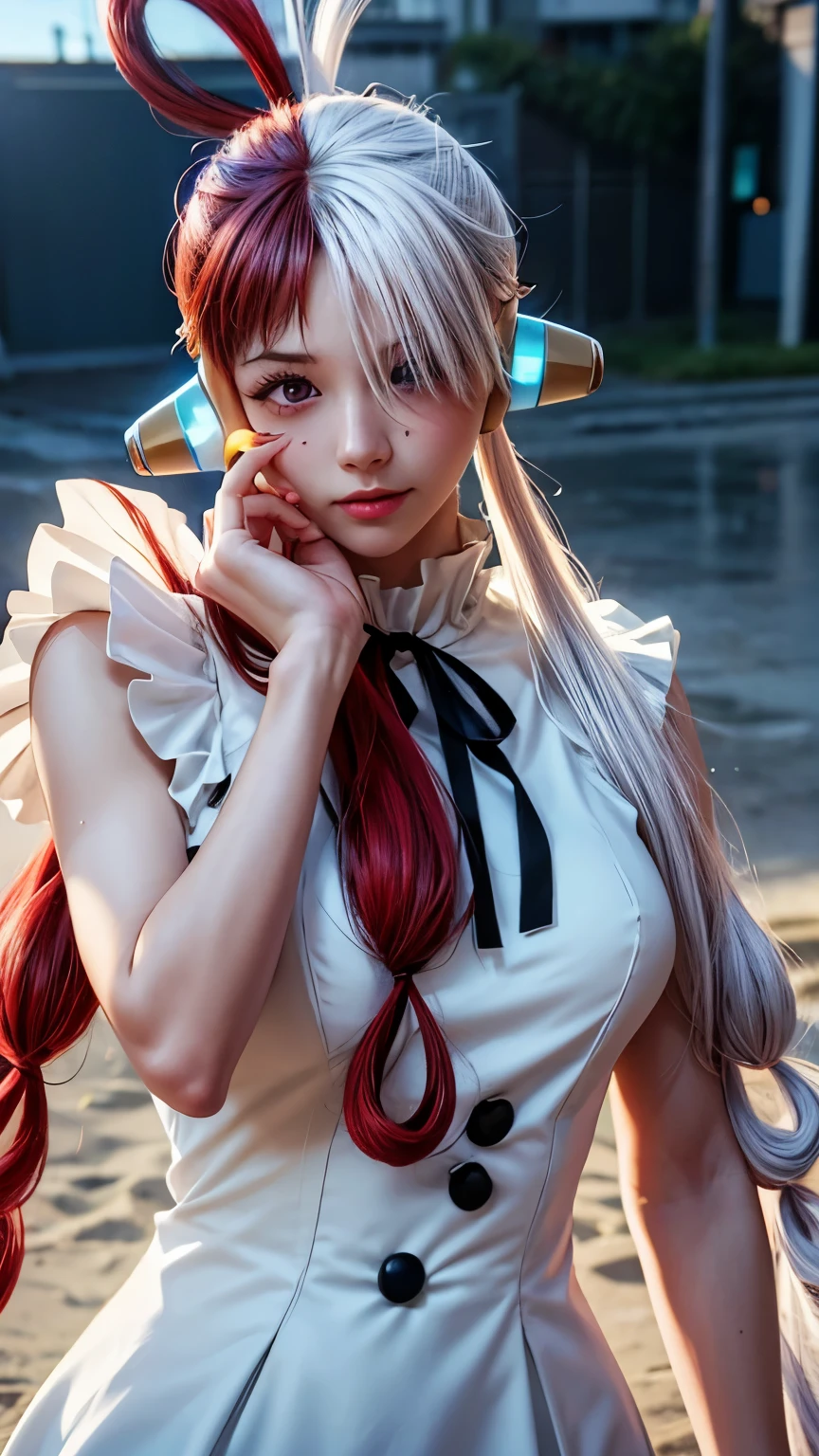 masterpiece Uta, one piece \(series\), Anime art style, masterpiece, Elegant white dress, Long red and white hair, One girl, alone, headphone, Red eyes, Looking at the audience, Beautiful Face, Detailed face, Mouth closed, Photo: Central body, elbow sleeve, Eyes visible through hair, Medium chest, V-shaped eyebrows, Detailed Background, Outdoor, Beach, null, (Super detailed), (8k, Complex), (85mm), Particles of light, Day, whole body, (Very detailed:1.2), (Gradation), SFW, colorful, (Detailed Background), (The rule of thirds_composition:1.3), (Course of action:1.2), Daylight, alone