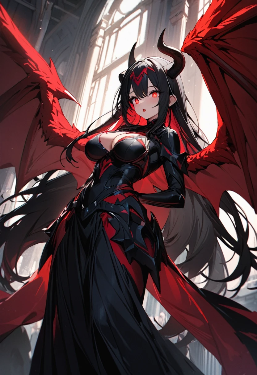 (Highest quality:1.2, Very detailed, Latest, Vibrant, Ultra-high resolution, High Contrast, Super Detail, masterpiece:1.2, Highest quality, Best aesthetics),((whole bodyショット)),Adult women、Empress、Dragon People、Long Black Hair、2It has four horns.、Big eyes、Crimson Eyes、Glowing Eyes、(Detailed Eyes)、Cold look、Keep your mouth shut、F cup size、Dragon Wing、Red wings、Dragon's red tail、(Dynamic tail),whole body、(He has one hand out here)、palm up、(Exact finger count)、Sharp Claws、A long black dress adorned with red ornaments、Awe-inspiring sights、aura of fear background、night、Lava field、Cracked Ground、The lava that seemed to respond to her、fluid、Darken overall、